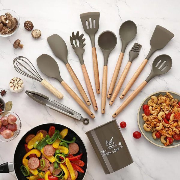 12 Pcs Silicone Cooking Utensils Kitchen Utensil Set | Heat Resistant Kitchen Non Toxic Spatula Set With Turner Tongs,spoon,brush,whisk-wooden Handle – Random Color