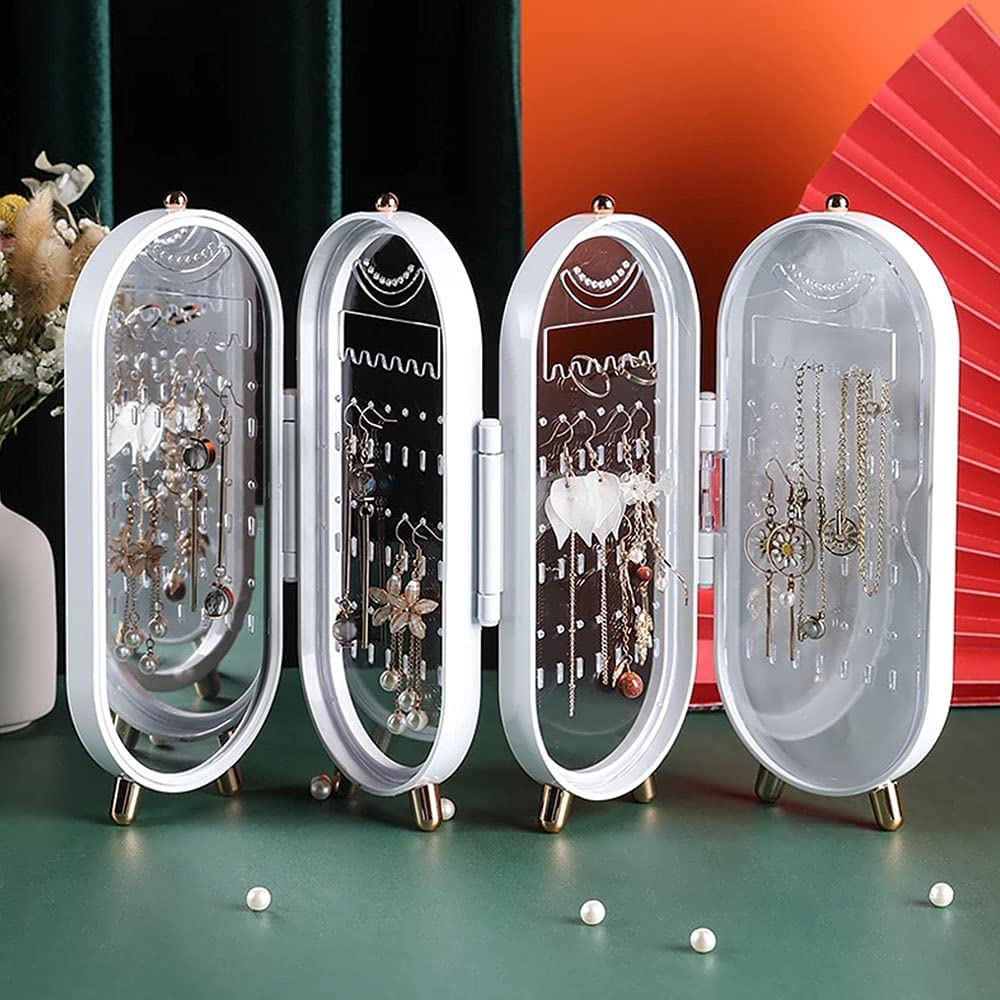 Luxury Folding Jewelry Storage Box with Mirror – Large Capacity Earring, Necklace & Bracelet Organizer