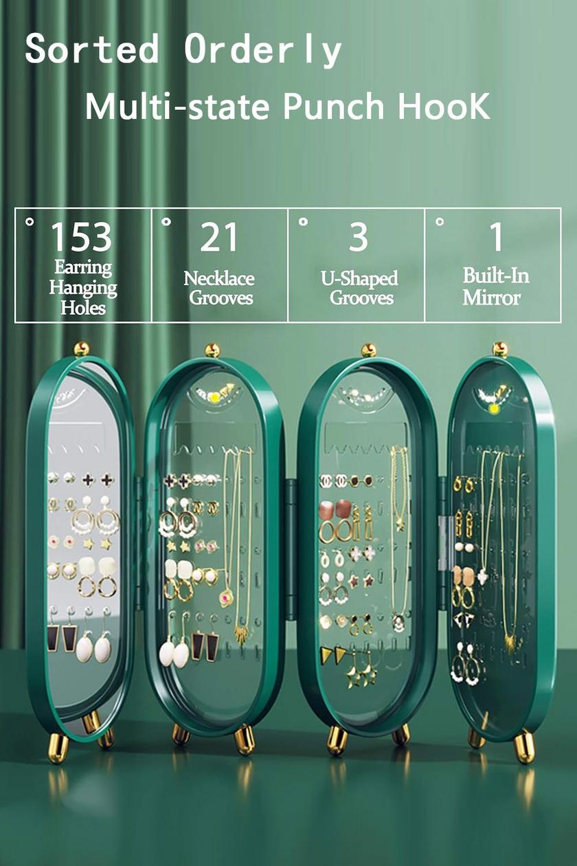 Luxury Folding Jewelry Storage Box with Mirror – Large Capacity Earring, Necklace & Bracelet Organizer