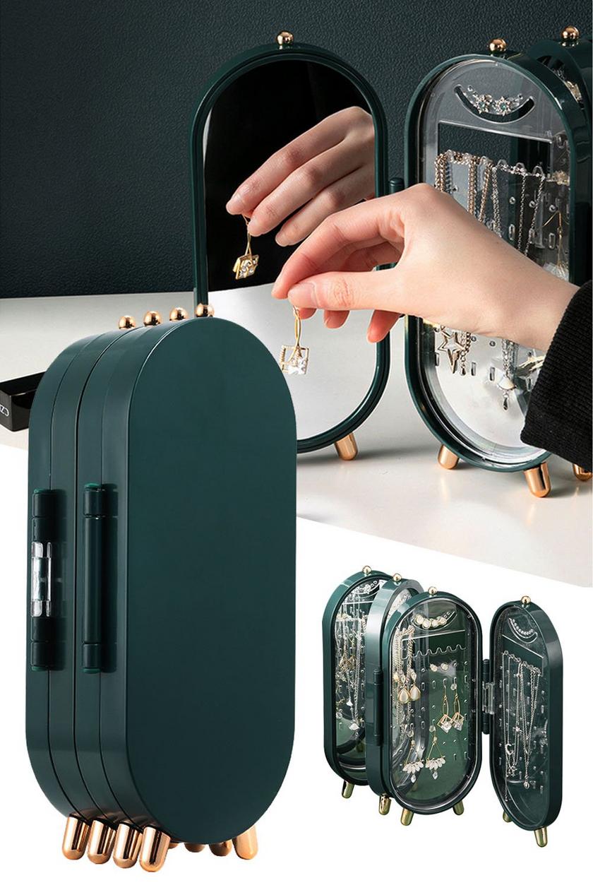 Luxury Folding Jewelry Storage Box with Mirror – Large Capacity Earring, Necklace & Bracelet Organizer
