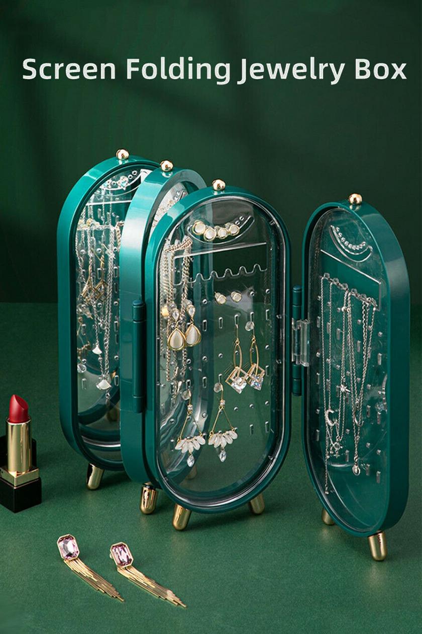 Luxury Folding Jewelry Storage Box with Mirror – Large Capacity Earring, Necklace & Bracelet Organizer