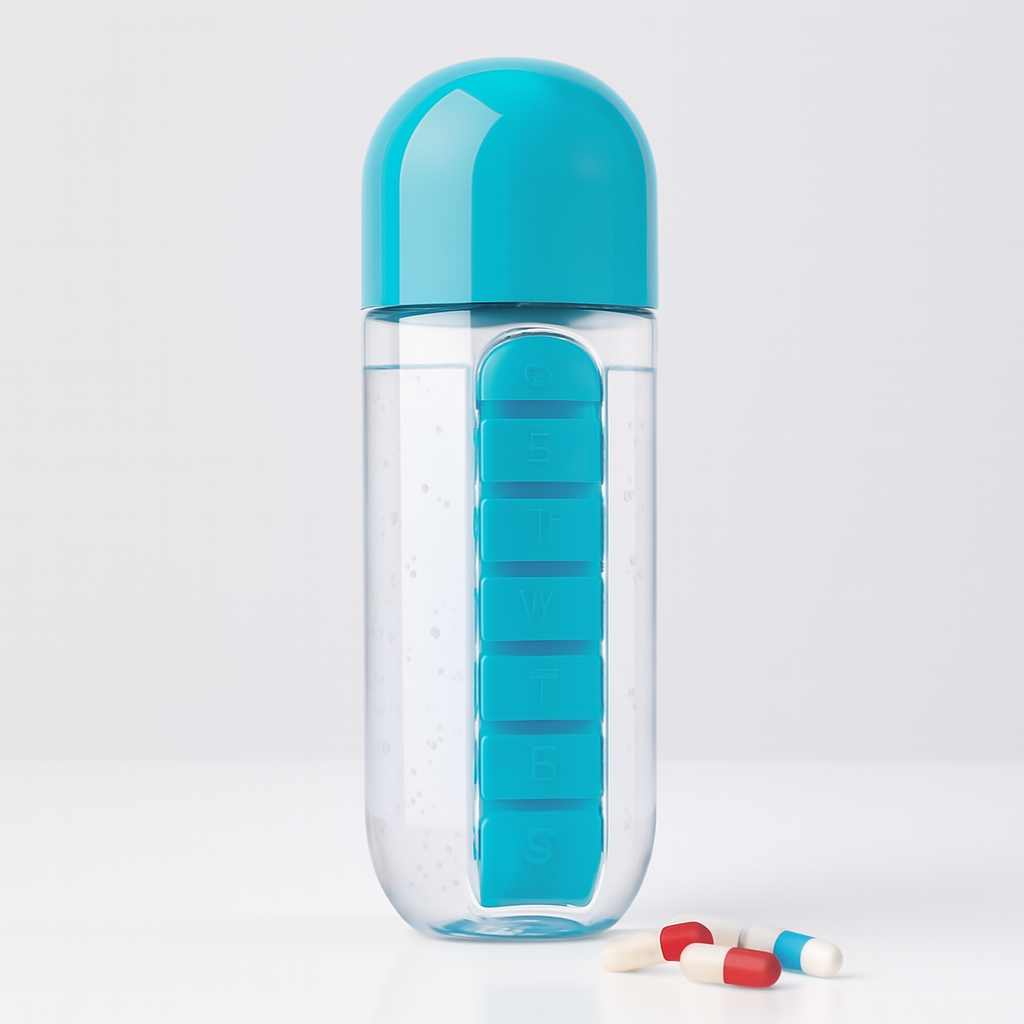 2-in-1 Medicine Organizer with Water Bottle – 7 Days Pill Box, 600ml BPA-Free Drinking Bottle, Removable Cup, Compact Travel Pill Planner for Kids, Adults & Elderly
