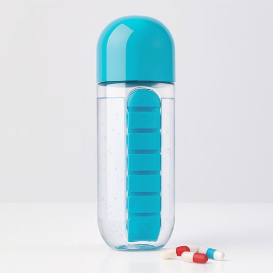 2-in-1 Medicine Organizer with Water Bottle – 7 Days Pill Box, 600ml BPA-Free Drinking Bottle, Removable Cup, Compact Travel Pill Planner for Kids, Adults & Elderly
