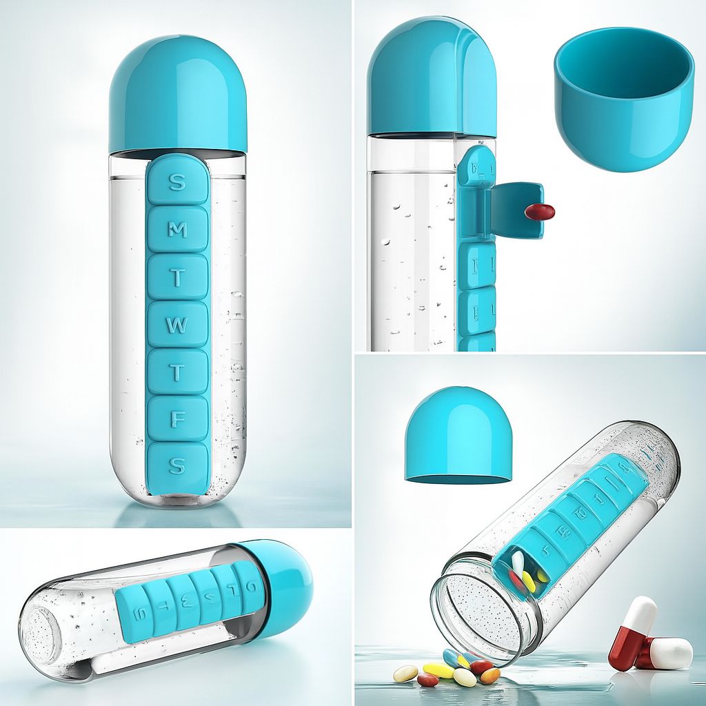 2-in-1 Medicine Organizer with Water Bottle – 7 Days Pill Box, 600ml BPA-Free Drinking Bottle, Removable Cup, Compact Travel Pill Planner for Kids, Adults & Elderly