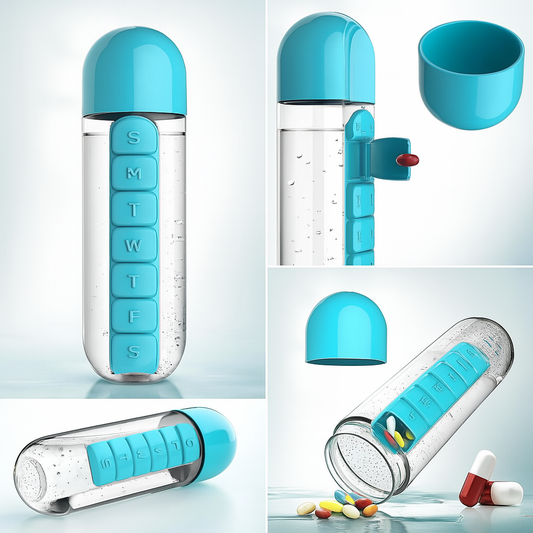 2-in-1 Medicine Organizer with Water Bottle – 7 Days Pill Box, 600ml BPA-Free Drinking Bottle, Removable Cup, Compact Travel Pill Planner for Kids, Adults & Elderly